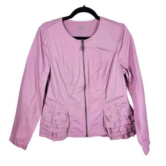 LOGO By Lori Goldstein Women Small Purple Eyelet Ruffle Full Zip Shacket Jacket - Picture 1 of 15